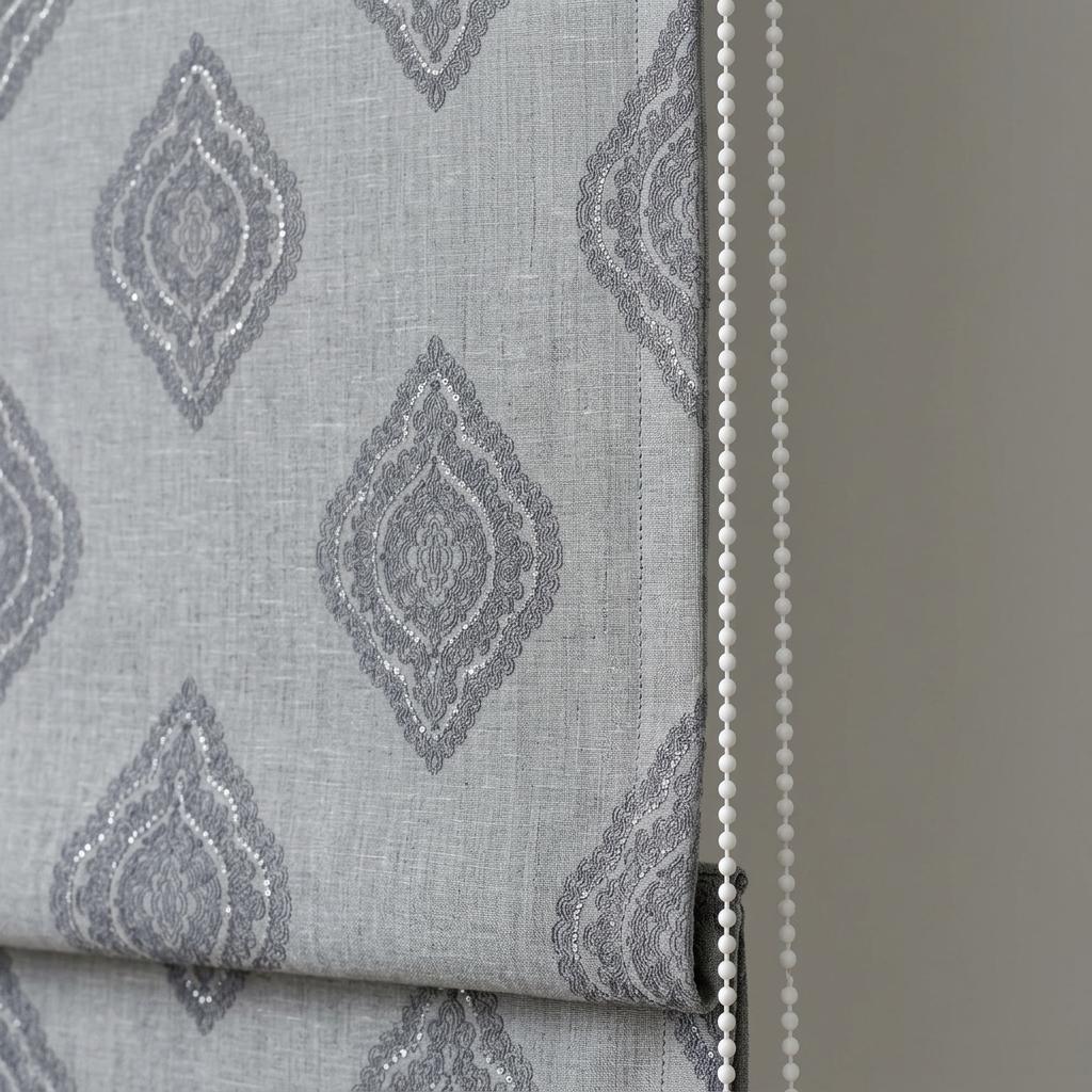 Slate Gray Linen Roman Shade, Charcoal Navy Damask & Silver Embroidered Custom Blind, Blackout or Light Filtering — image 5