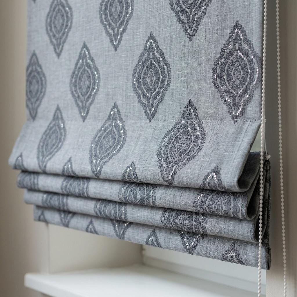 Slate Gray Linen Roman Shade, Charcoal Navy Damask & Silver Embroidered Custom Blind, Blackout or Light Filtering — image 1