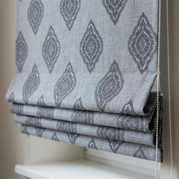 Slate Gray Linen Roman Shade, Charcoal Navy Damask & Silver Embroidered Custom Blind, Blackout or Light Filtering — image 1