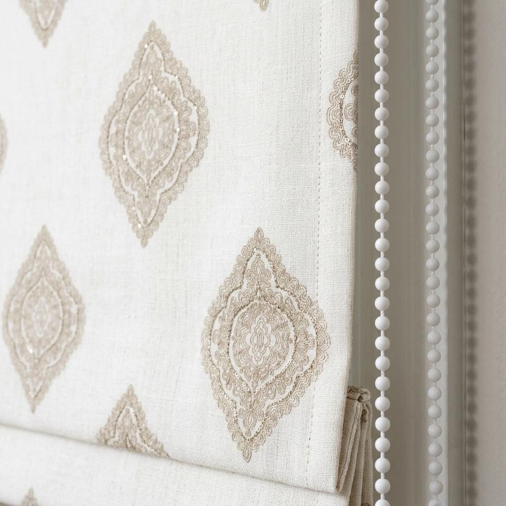 Ivory Linen Roman Shade, Taupe Beige Damask Embroidered Custom Blind, Blackout or Light Filtering Window Shade — image 1