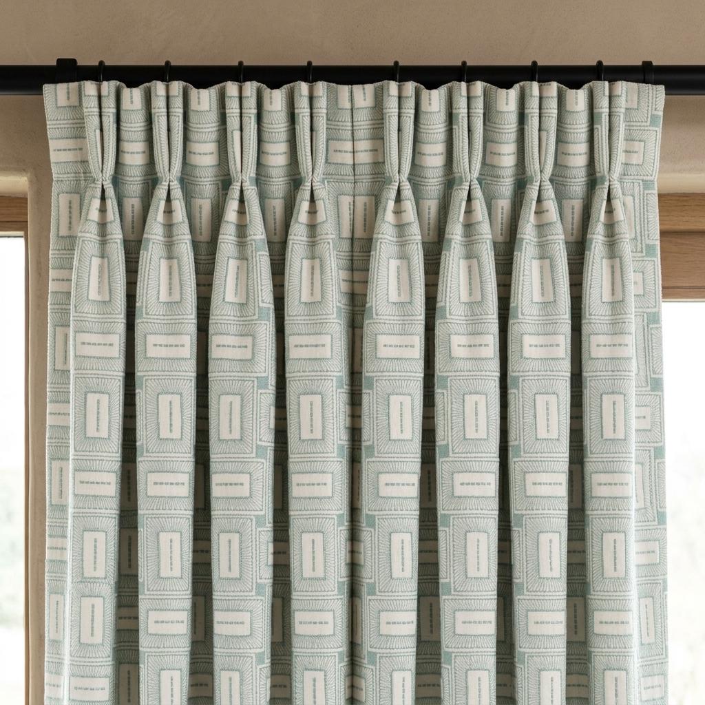 Ivory Aqua Pure Linen Curtains, Seafoam Green Geometric Frame Embroidered Drapes, Custom Blackout or Light Filtering Panels — image 7