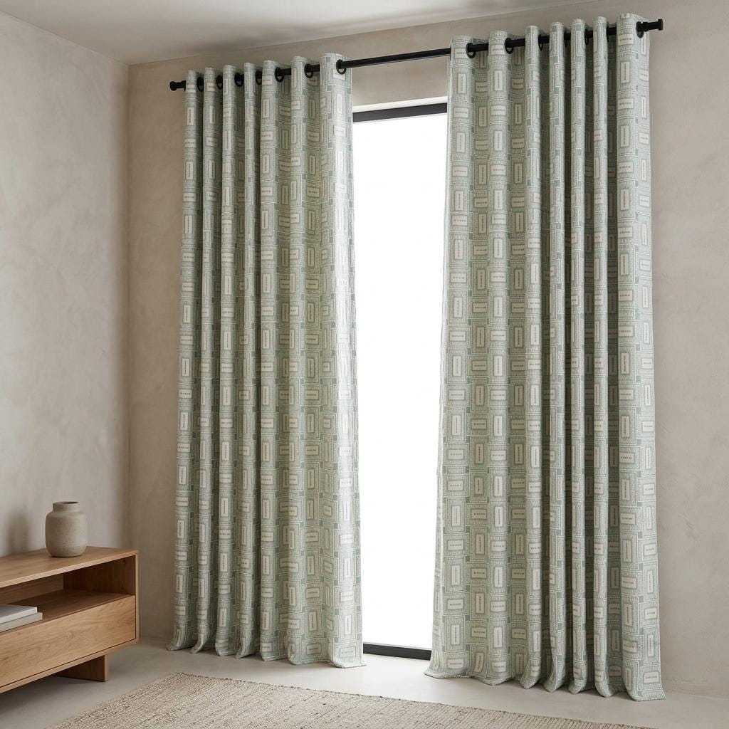 Ivory Aqua Pure Linen Curtains, Seafoam Green Geometric Frame Embroidered Drapes, Custom Blackout or Light Filtering Panels — image 3