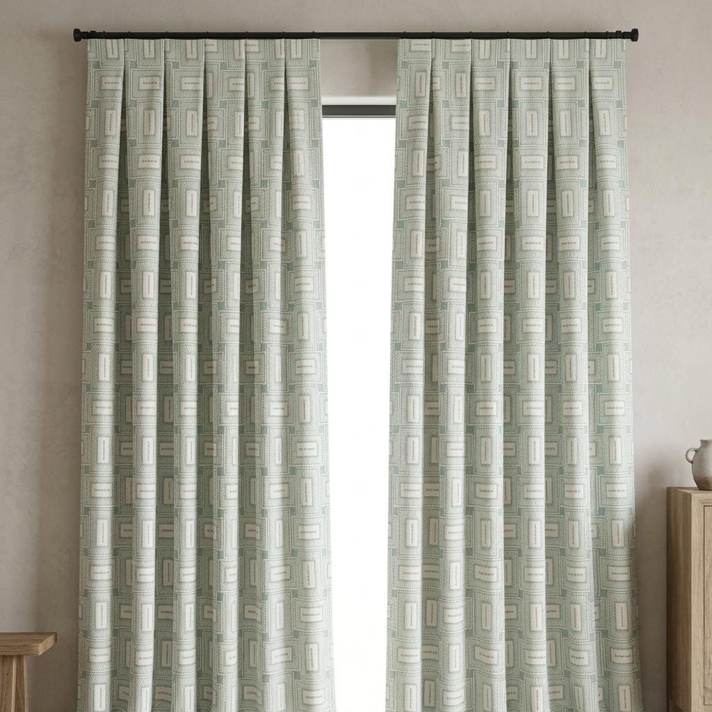 Ivory Aqua Pure Linen Curtains, Seafoam Green Geometric Frame Embroidered Drapes, Custom Blackout or Light Filtering Panels — image 6