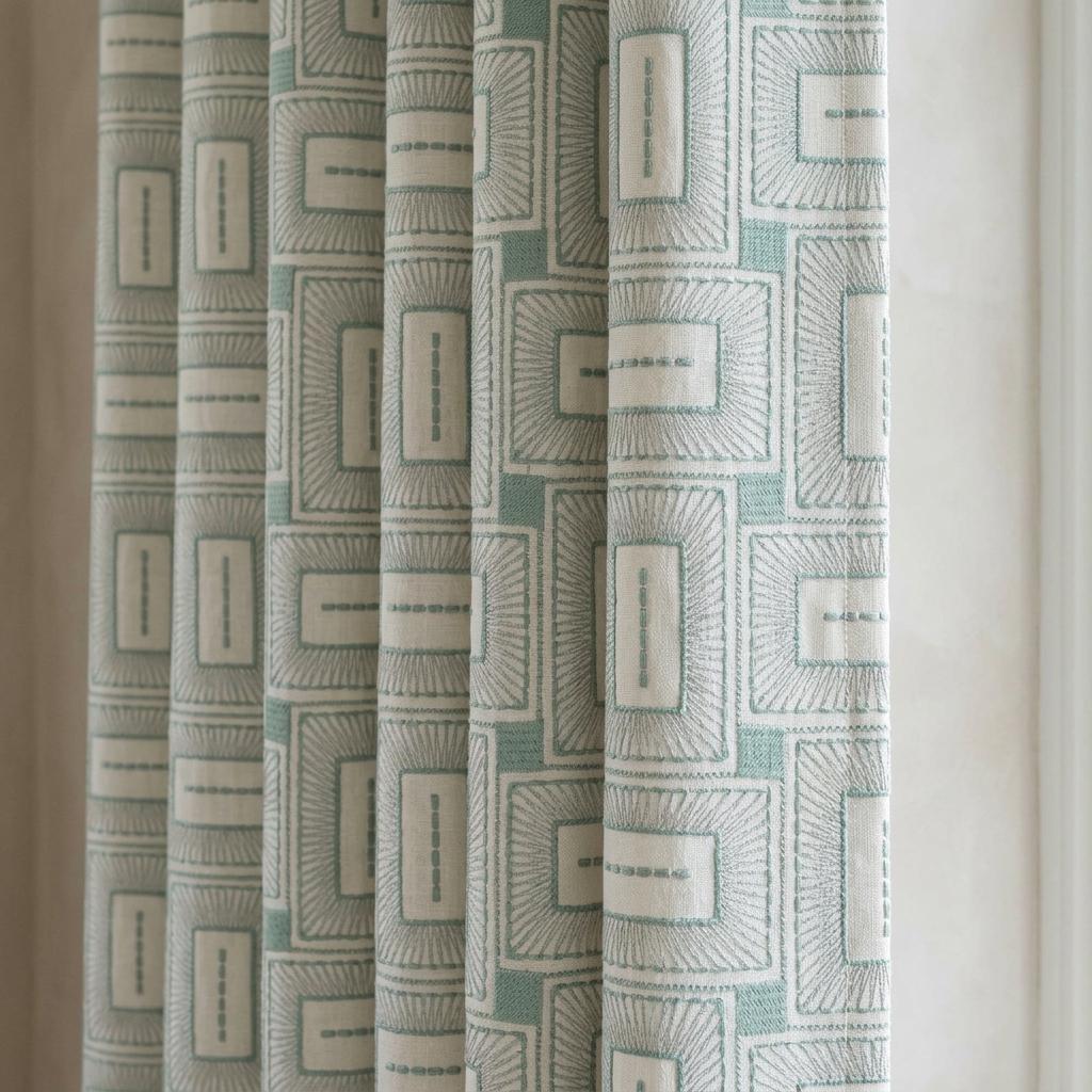 Ivory Aqua Pure Linen Curtains, Seafoam Green Geometric Frame Embroidered Drapes, Custom Blackout or Light Filtering Panels — image 1