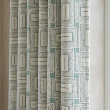 Ivory Aqua Pure Linen Curtains, Seafoam Green Geometric Frame Embroidered Drapes, Custom Blackout or Light Filtering Panels — image 1