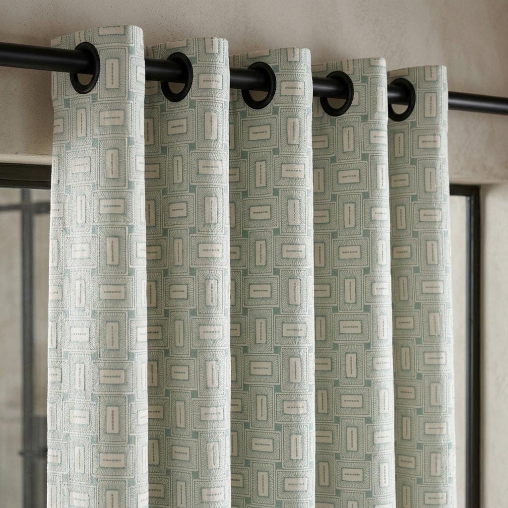 Ivory Aqua Pure Linen Curtains, Seafoam Green Geometric Frame Embroidered Drapes, Custom Blackout or Light Filtering Panels — image 4