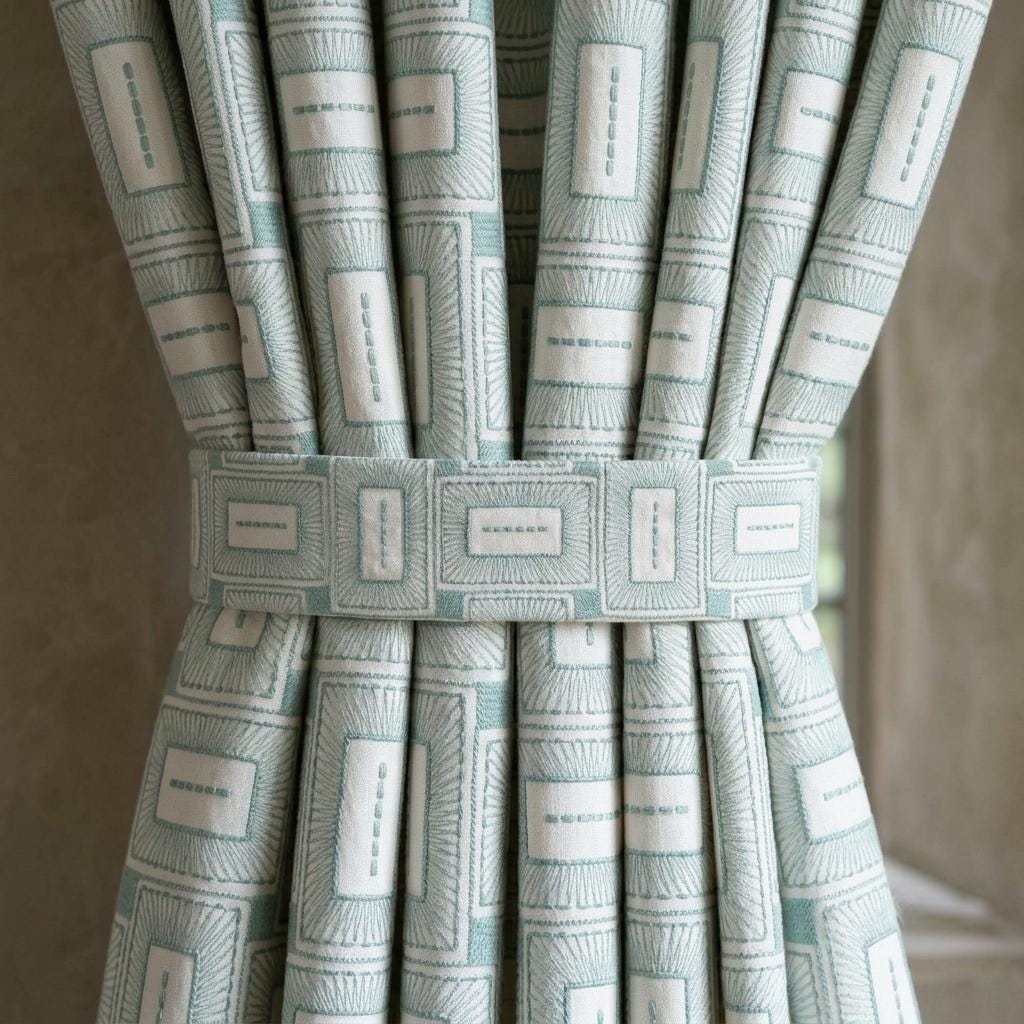 Ivory Aqua Pure Linen Curtains, Seafoam Green Geometric Frame Embroidered Drapes, Custom Blackout or Light Filtering Panels — image 2