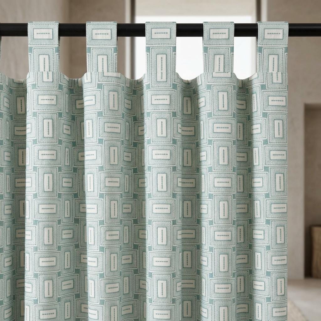 Ivory Aqua Pure Linen Curtains, Seafoam Green Geometric Frame Embroidered Drapes, Custom Blackout or Light Filtering Panels — image 10