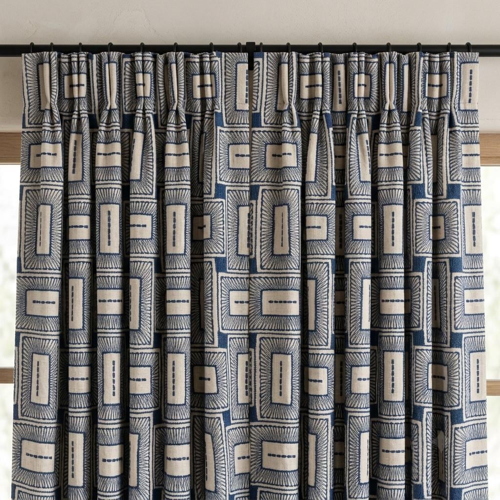 Navy Blue & Beige Pure Linen Curtains, Geometric Frame Embroidered Drapes, Custom Blackout or Light Filtering Panels — image 9
