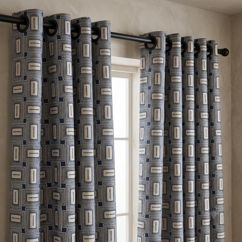 Navy Blue & Beige Pure Linen Curtains, Geometric Frame Embroidered Drapes, Custom Blackout or Light Filtering Panels — image 3
