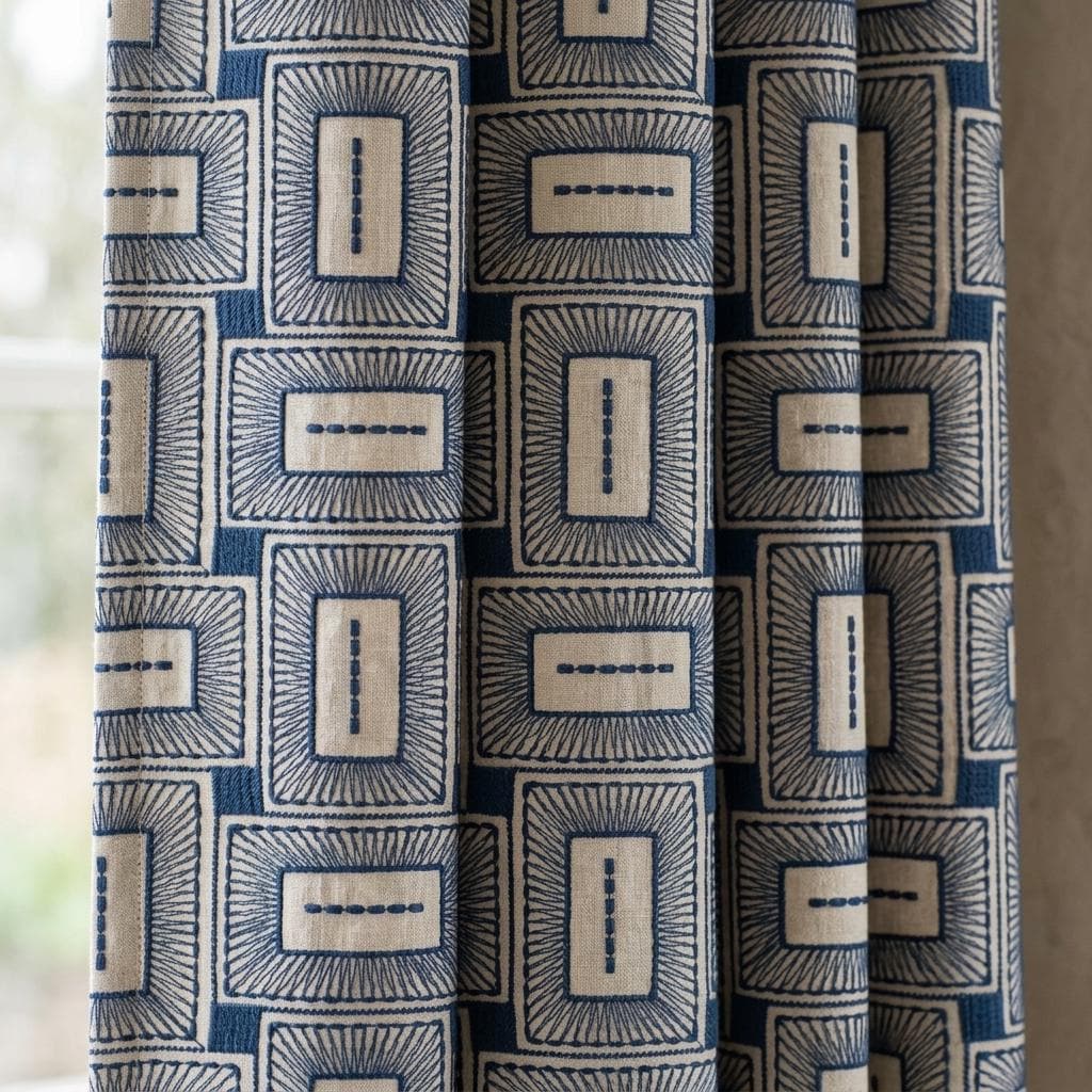 Navy Blue & Beige Pure Linen Curtains, Geometric Frame Embroidered Drapes, Custom Blackout or Light Filtering Panels — image 1