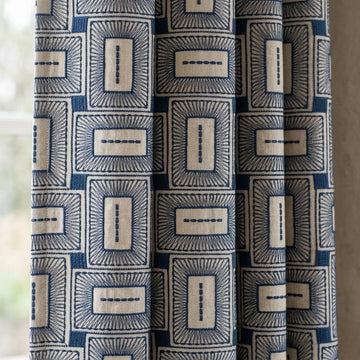 Navy Blue & Beige Pure Linen Curtains, Geometric Frame Embroidered Drapes, Custom Blackout or Light Filtering Panels — image 1