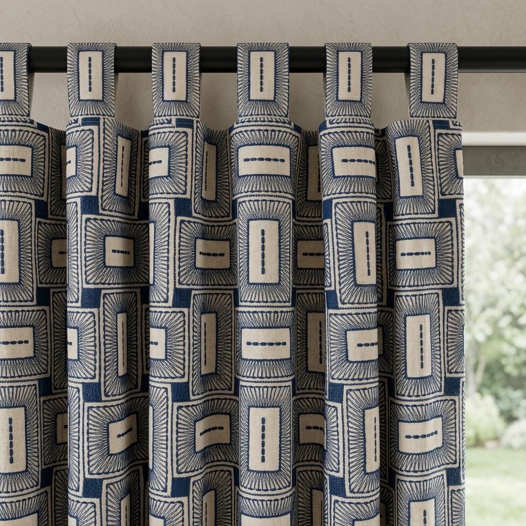 Navy Blue & Beige Pure Linen Curtains, Geometric Frame Embroidered Drapes, Custom Blackout or Light Filtering Panels — image 6