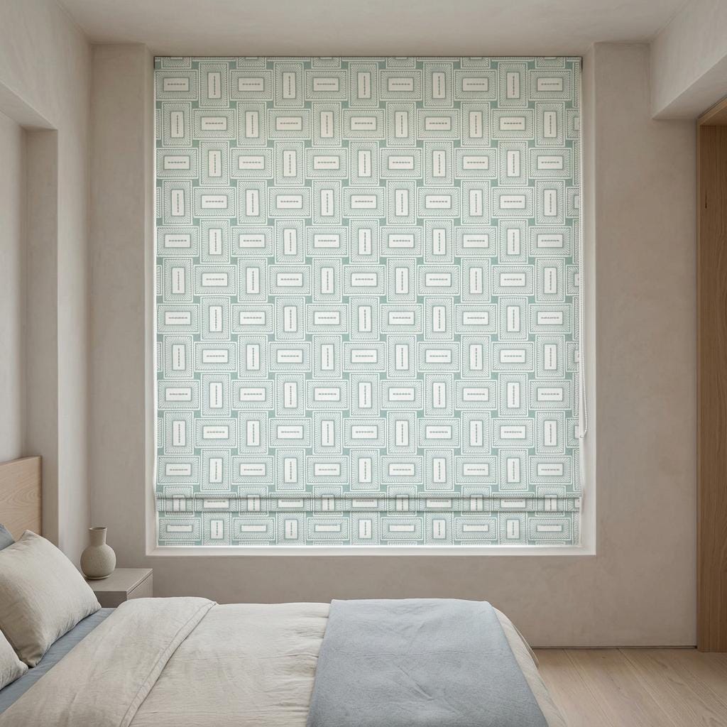 Ivory Aqua Linen Roman Shade, Blue Green Geometric Embroidered Custom Blind, Blackout or Light Filtering Window Shade — image 6