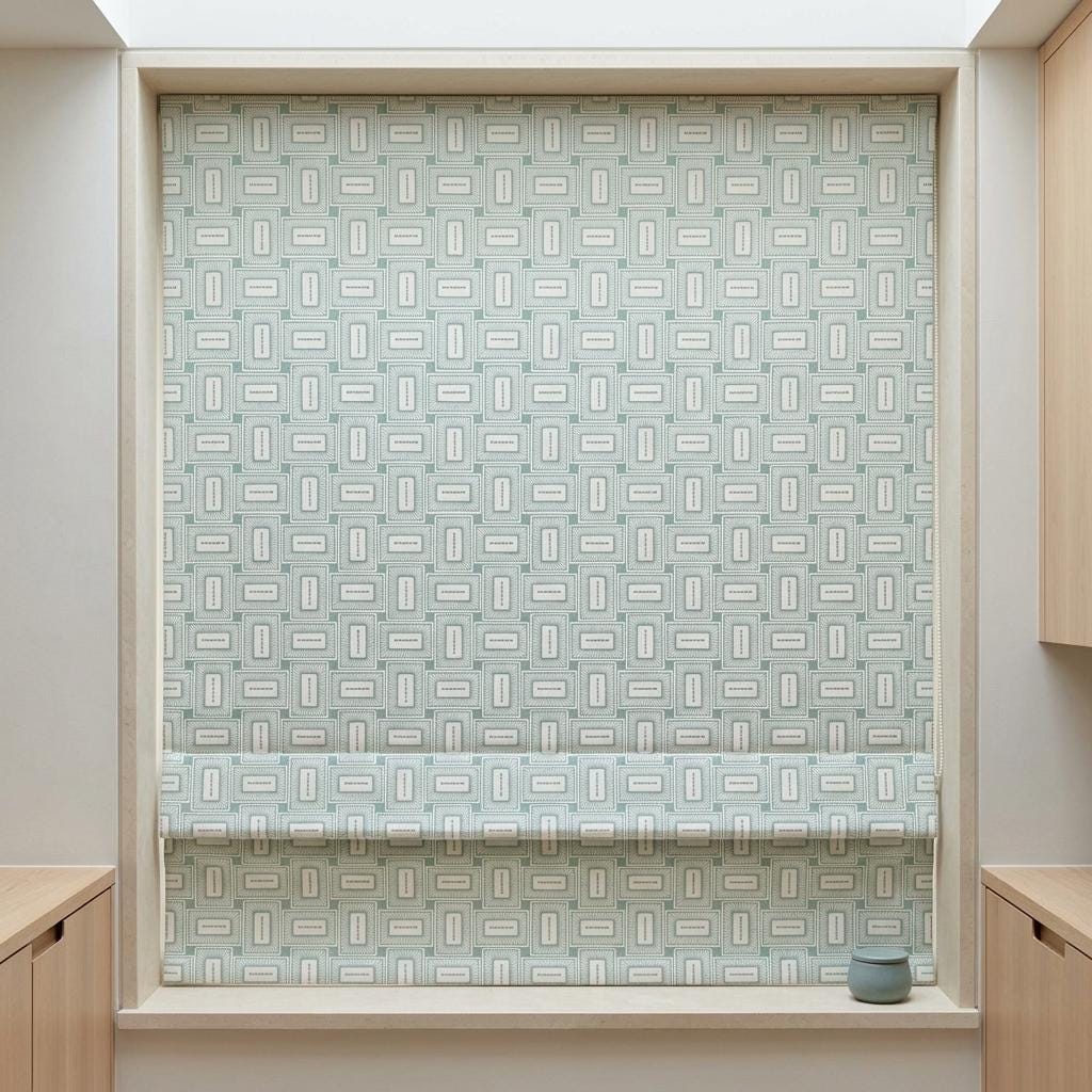 Ivory Aqua Linen Roman Shade, Blue Green Geometric Embroidered Custom Blind, Blackout or Light Filtering Window Shade — image 4