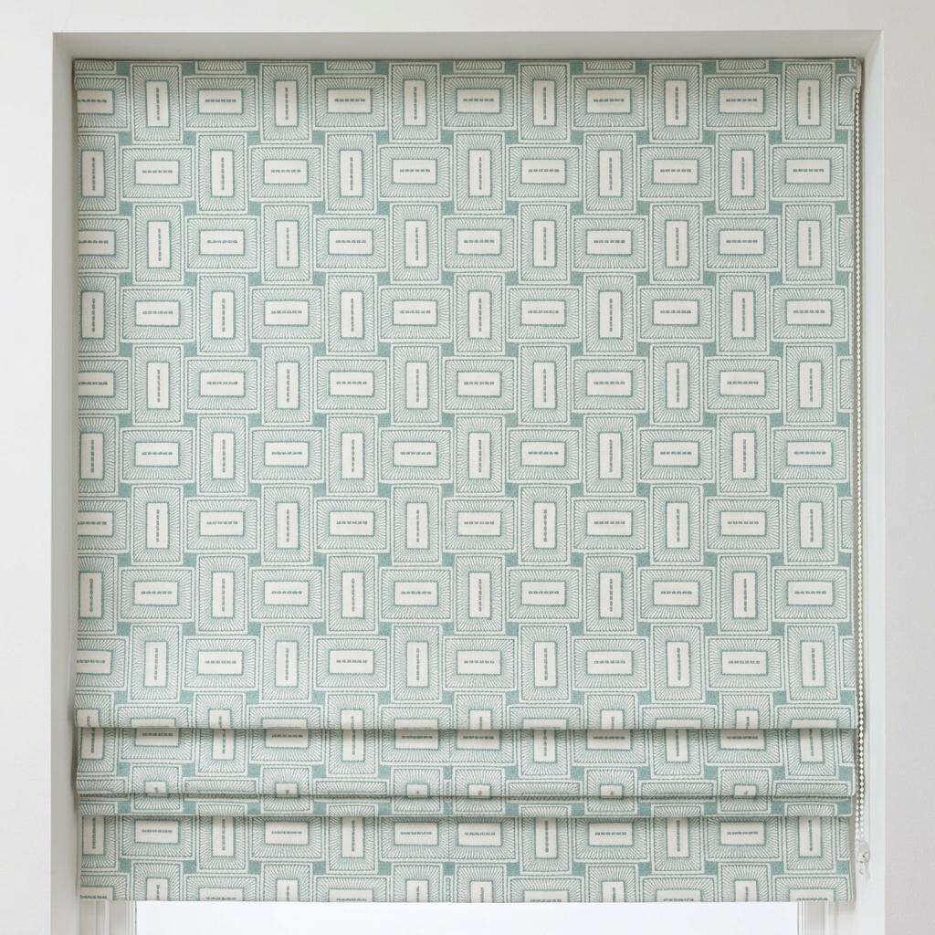 Ivory Aqua Linen Roman Shade, Blue Green Geometric Embroidered Custom Blind, Blackout or Light Filtering Window Shade — image 8