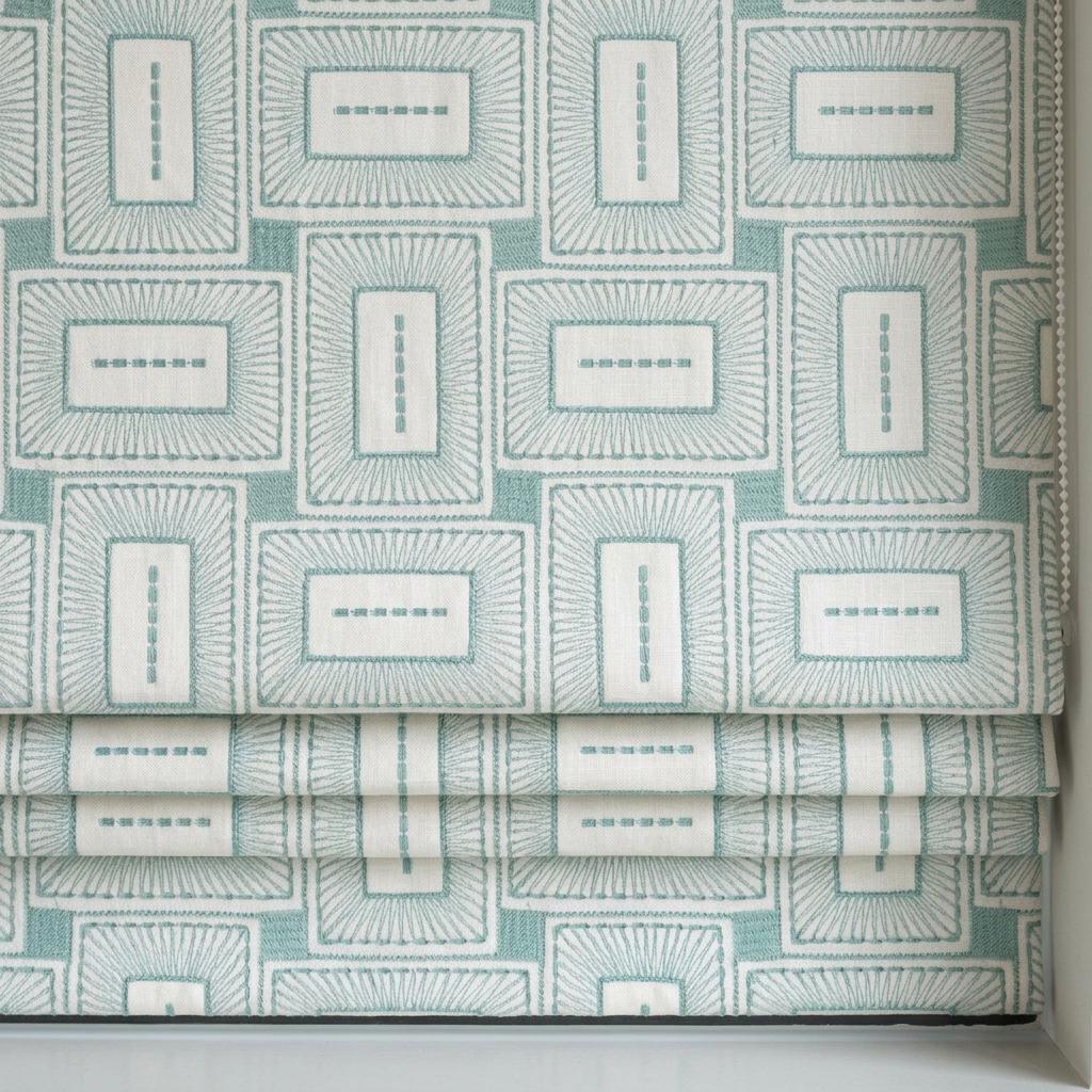 Ivory Aqua Linen Roman Shade, Blue Green Geometric Embroidered Custom Blind, Blackout or Light Filtering Window Shade — image 1