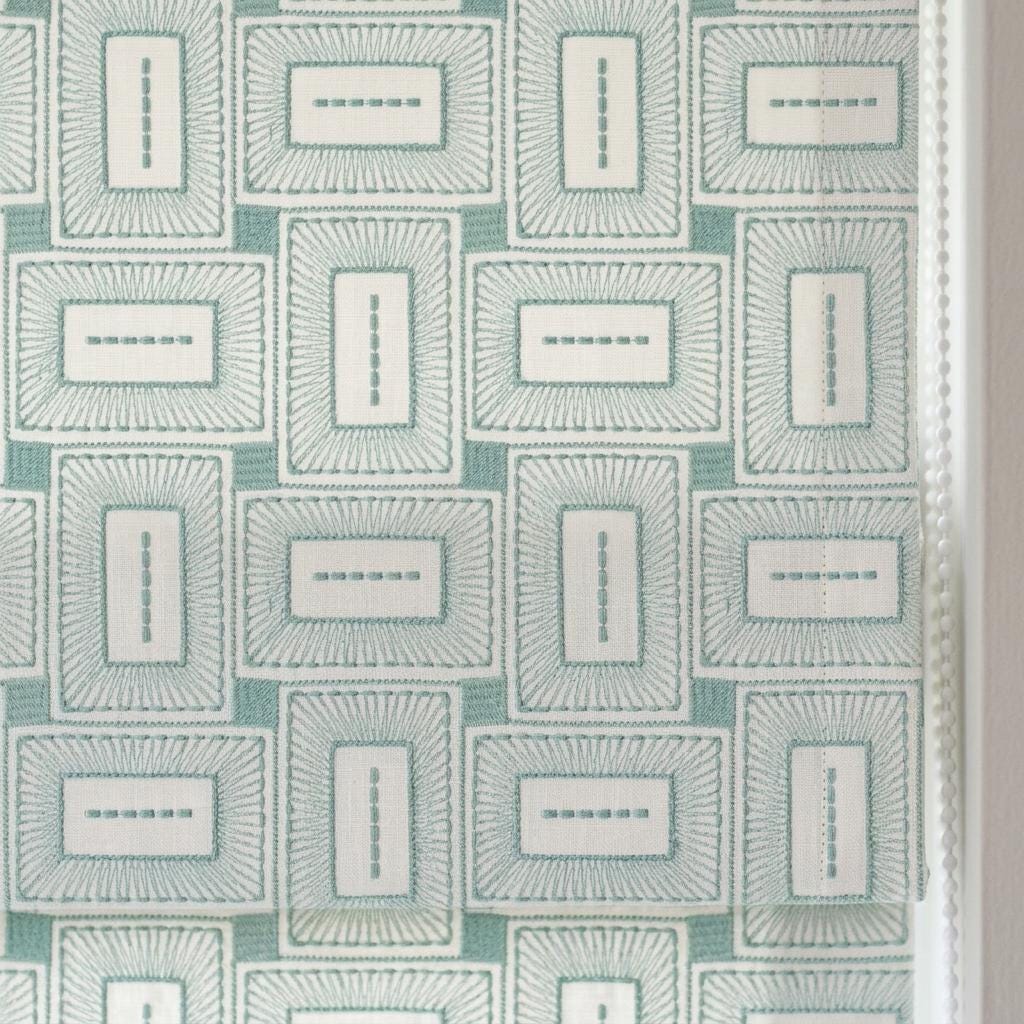Ivory Aqua Linen Roman Shade, Blue Green Geometric Embroidered Custom Blind, Blackout or Light Filtering Window Shade — image 9