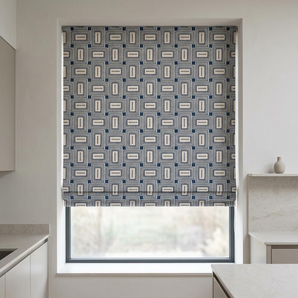 Beige Navy Pure Linen Roman Shade, Blue Mid Century Geometric Embroidered Custom Blind, Blackout or Light Filtering — image 9