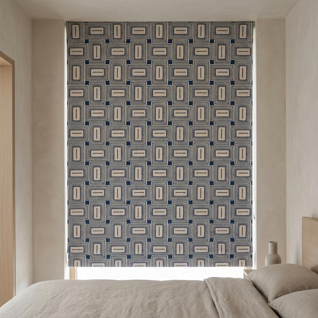 Beige Navy Pure Linen Roman Shade, Blue Mid Century Geometric Embroidered Custom Blind, Blackout or Light Filtering — image 7