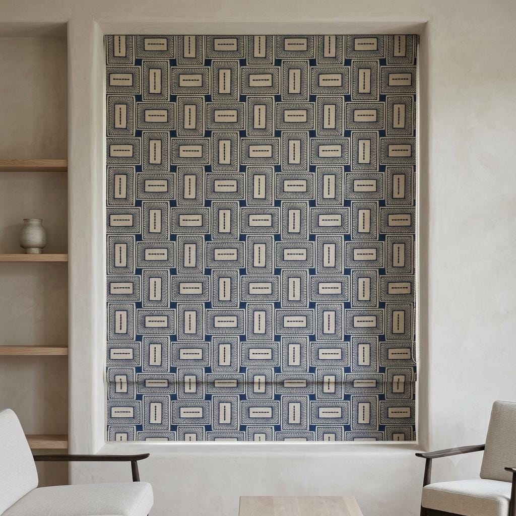 Beige Navy Pure Linen Roman Shade, Blue Mid Century Geometric Embroidered Custom Blind, Blackout or Light Filtering — image 5