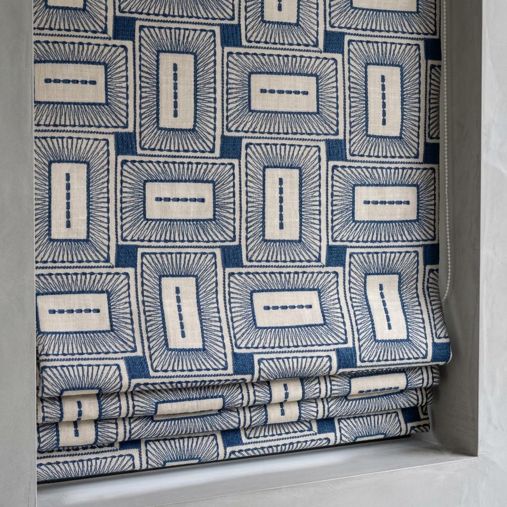 Beige Navy Pure Linen Roman Shade, Blue Mid Century Geometric Embroidered Custom Blind, Blackout or Light Filtering — image 1