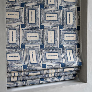 Beige Navy Pure Linen Roman Shade, Blue Mid Century Geometric Embroidered Custom Blind, Blackout or Light Filtering — image 1