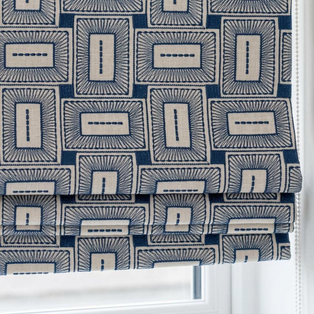 Beige Navy Pure Linen Roman Shade, Blue Mid Century Geometric Embroidered Custom Blind, Blackout or Light Filtering — image 1