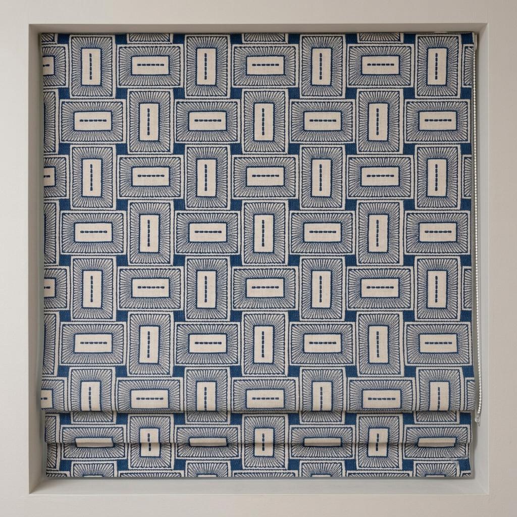 Beige Navy Pure Linen Roman Shade, Blue Mid Century Geometric Embroidered Custom Blind, Blackout or Light Filtering — image 3