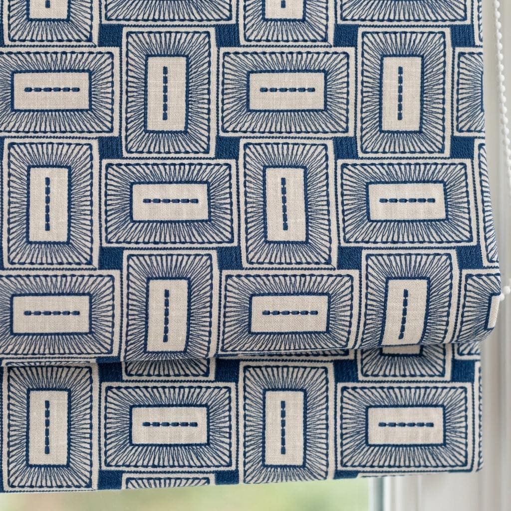Beige Navy Pure Linen Roman Shade, Blue Mid Century Geometric Embroidered Custom Blind, Blackout or Light Filtering — image 8