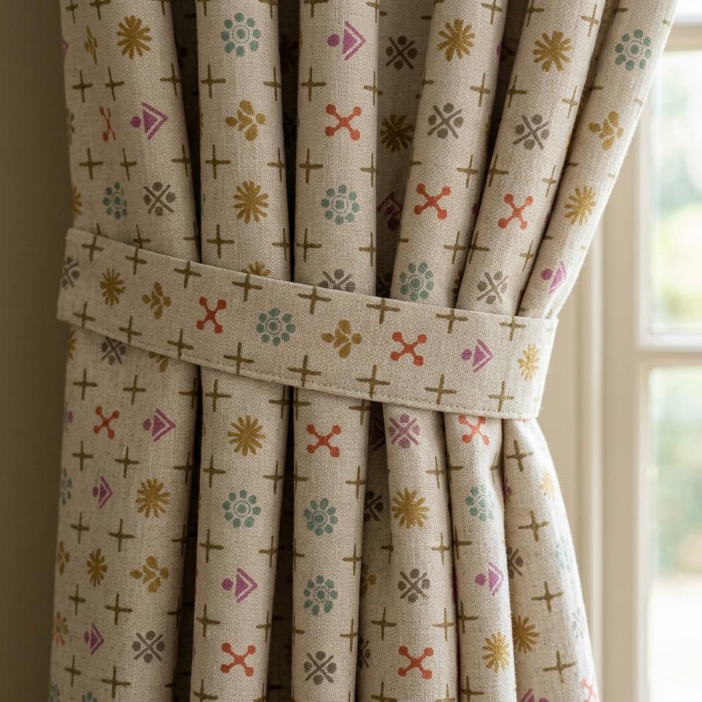 Natural Ivory Pure Linen Curtains, Mustard Teal Coral Mid Century Atomic Print Drapes, Custom Blackout or Light Filtering Panels — image 1
