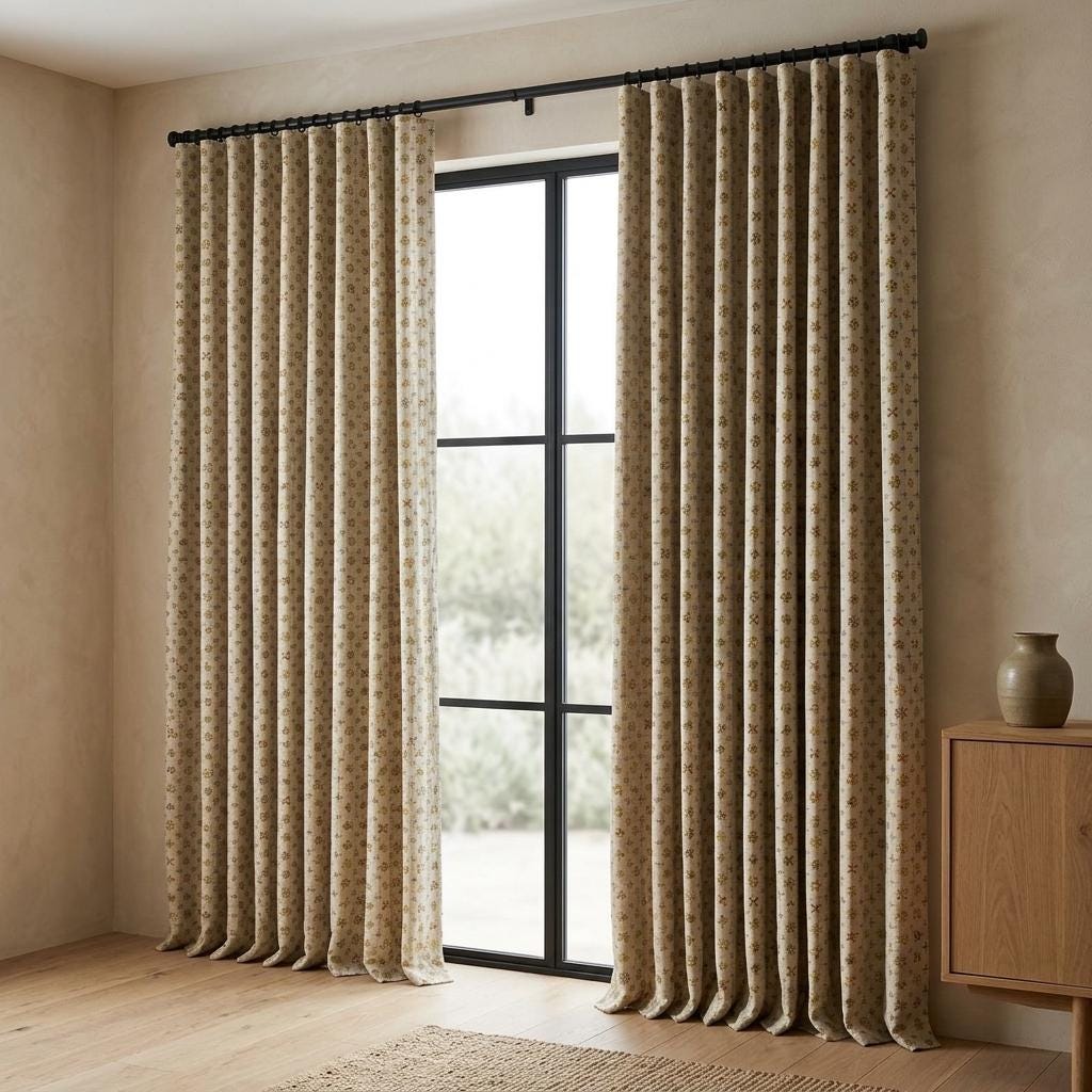 Natural Ivory Pure Linen Curtains, Mustard Olive Rust Mid Century Atomic Print Drapes, Custom Blackout or Light Filtering Panels — image 4