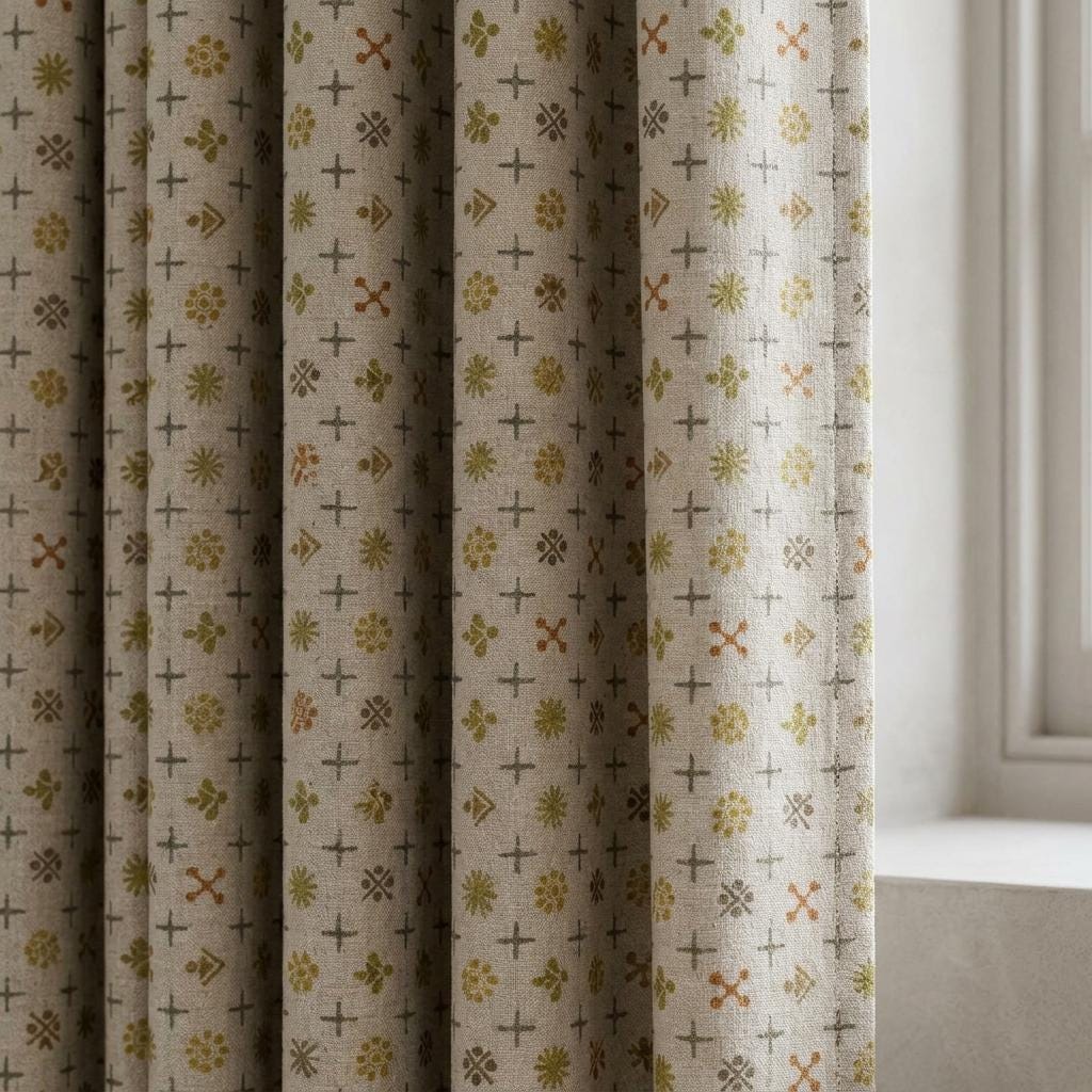 Natural Ivory Pure Linen Curtains, Mustard Olive Rust Mid Century Atomic Print Drapes, Custom Blackout or Light Filtering Panels — image 2