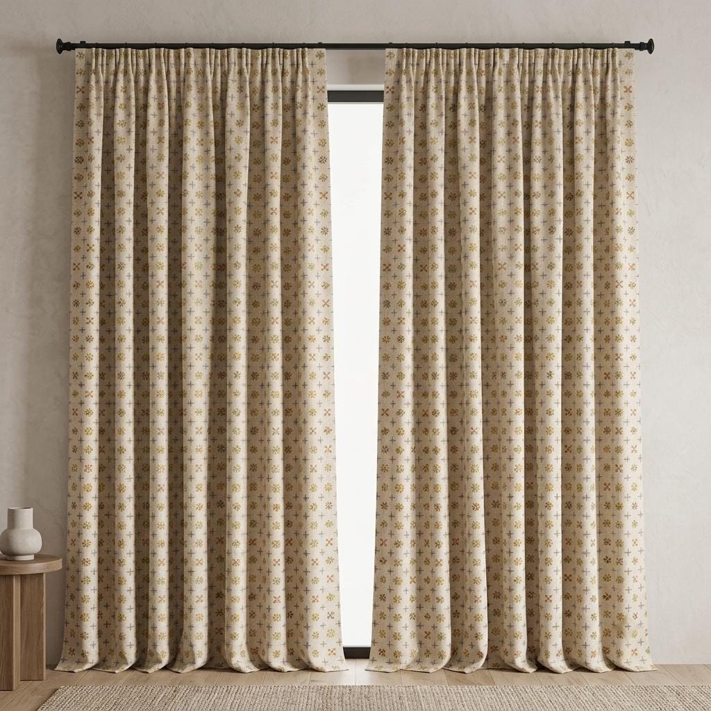 Natural Ivory Pure Linen Curtains, Mustard Olive Rust Mid Century Atomic Print Drapes, Custom Blackout or Light Filtering Panels — image 3