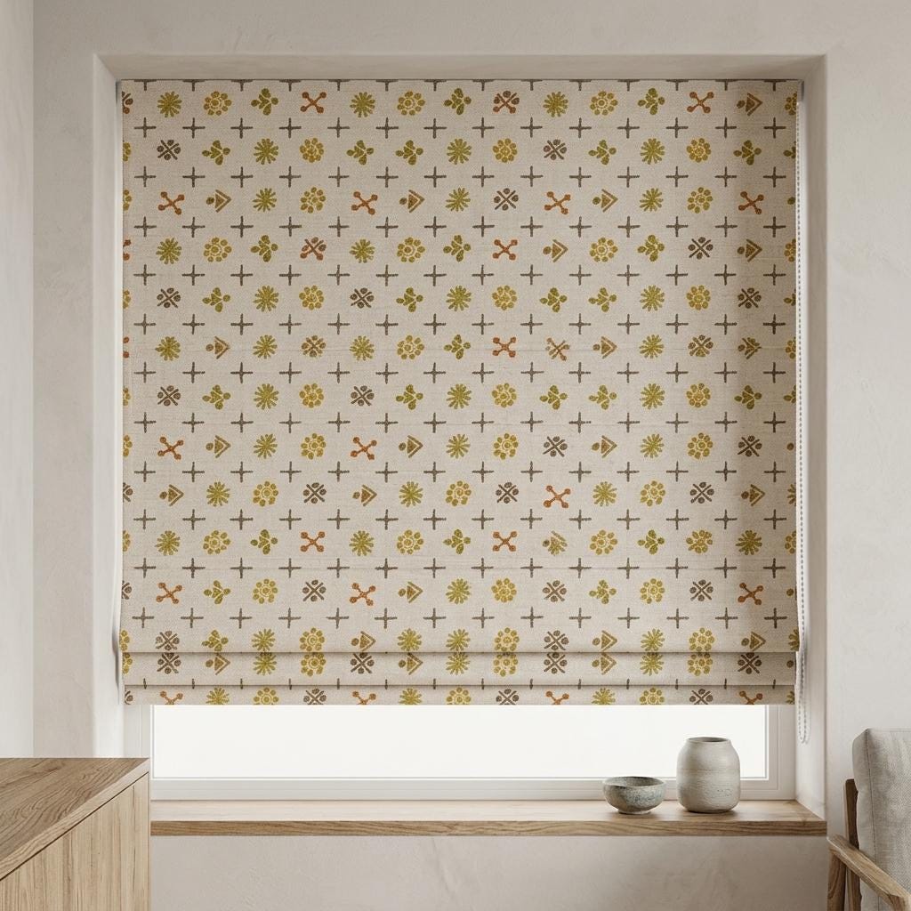Cream Mustard Linen Roman Shade, Mid Century Atomic Geometric Printed Custom Blind, Blackout or Light Filtering Window Shade — image 3