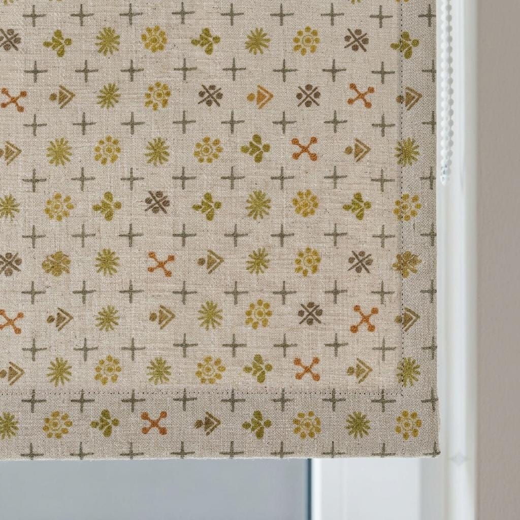 Cream Mustard Linen Roman Shade, Mid Century Atomic Geometric Printed Custom Blind, Blackout or Light Filtering Window Shade — image 9