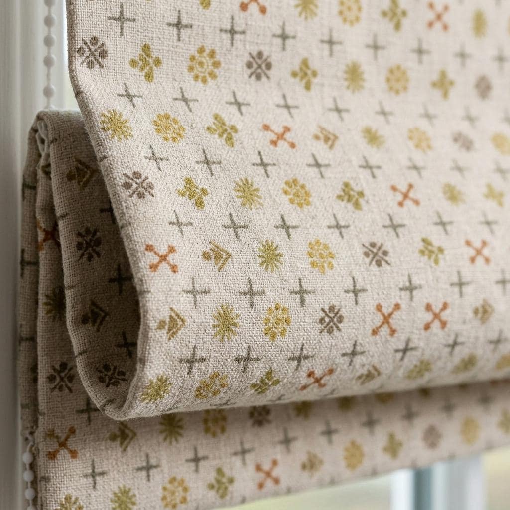 Cream Mustard Linen Roman Shade, Mid Century Atomic Geometric Printed Custom Blind, Blackout or Light Filtering Window Shade — image 1