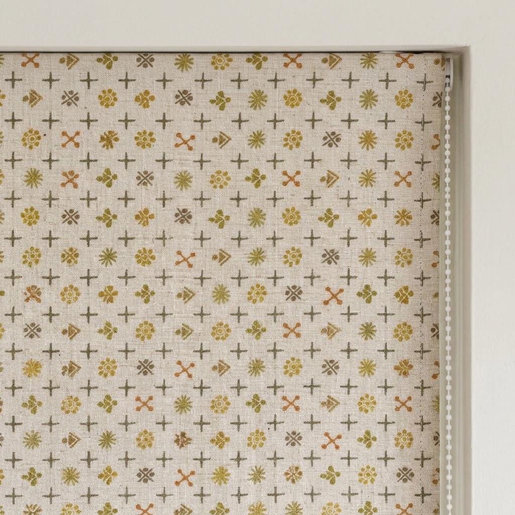 Cream Mustard Linen Roman Shade, Mid Century Atomic Geometric Printed Custom Blind, Blackout or Light Filtering Window Shade — image 7