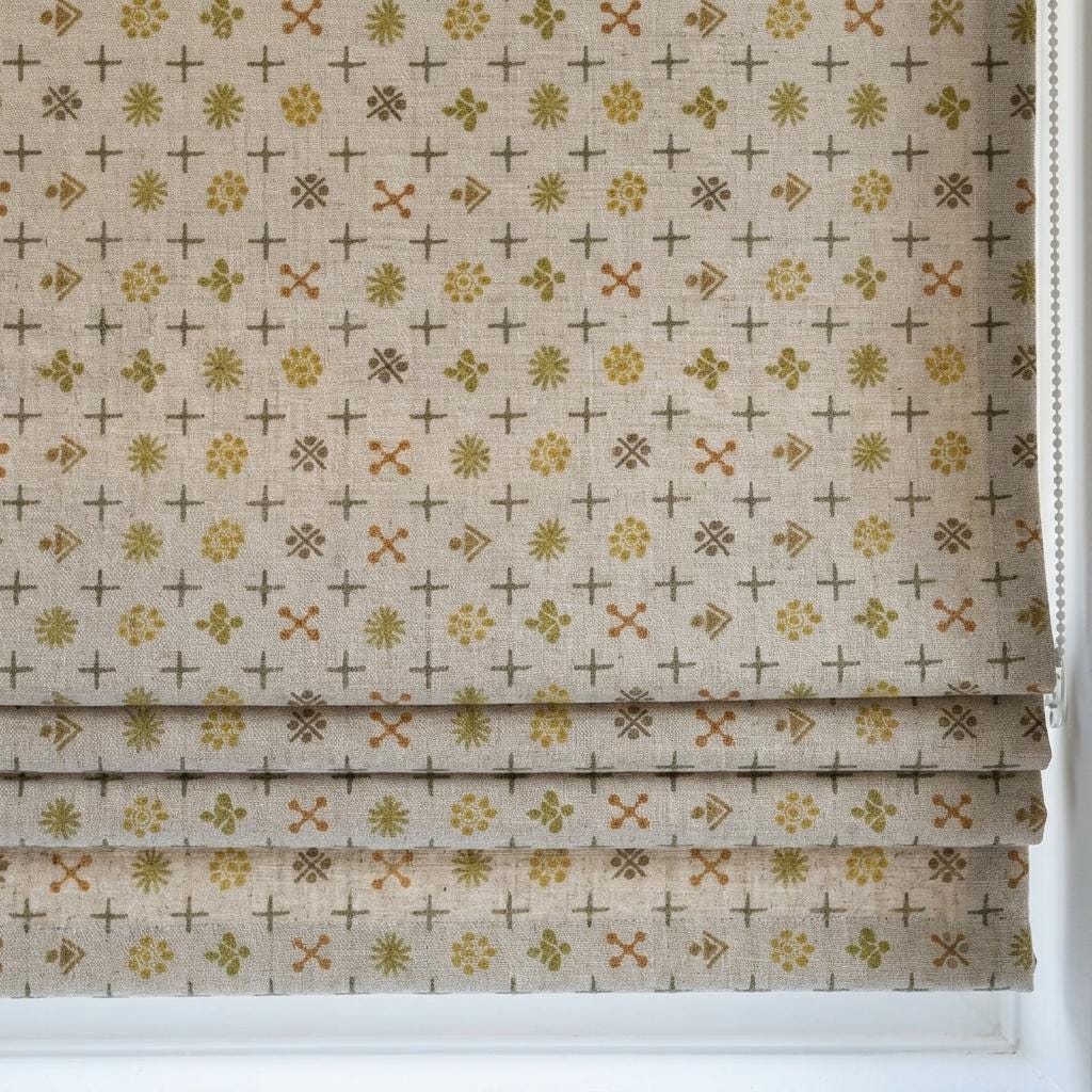 Cream Mustard Linen Roman Shade, Mid Century Atomic Geometric Printed Custom Blind, Blackout or Light Filtering Window Shade — image 5