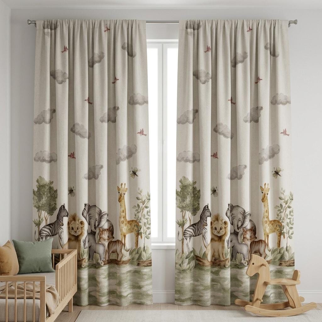 Ivory Sage Safari Animal Pure Linen Curtains, Neutral Watercolor Jungle Nursery Drapes, Kids Room Blackout Panels, Custom Size — image 2