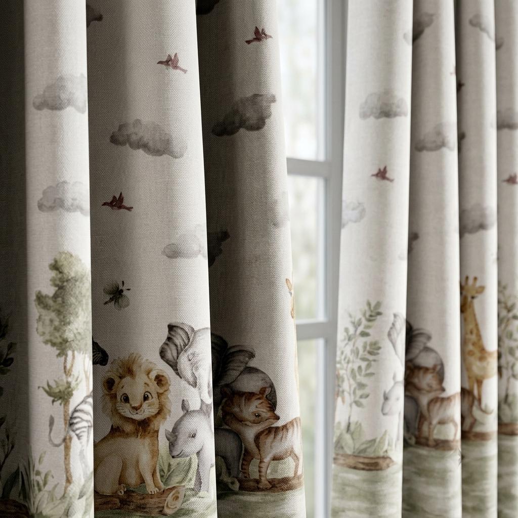 Ivory Sage Safari Animal Pure Linen Curtains, Neutral Watercolor Jungle Nursery Drapes, Kids Room Blackout Panels, Custom Size — image 4