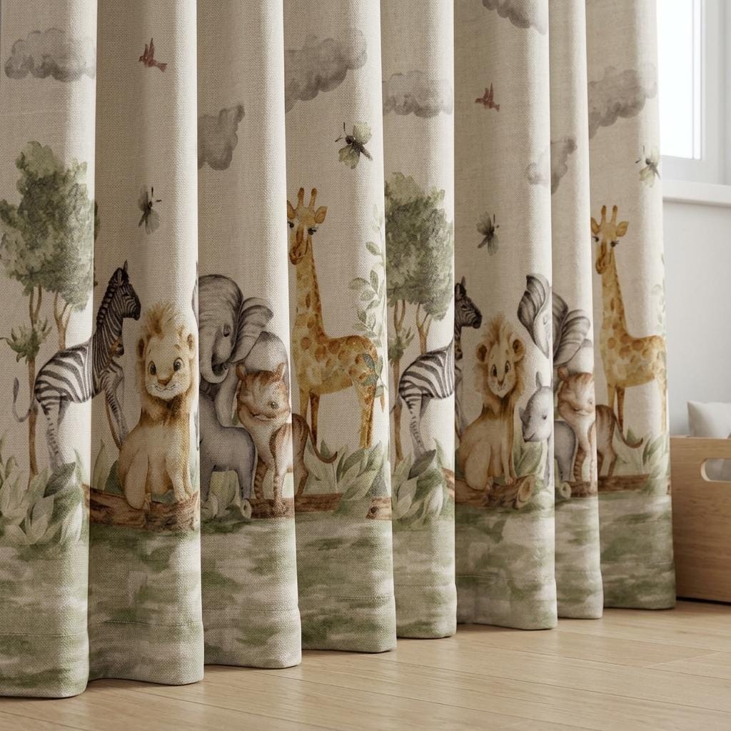Ivory Sage Safari Animal Pure Linen Curtains, Neutral Watercolor Jungle Nursery Drapes, Kids Room Blackout Panels, Custom Size — image 3