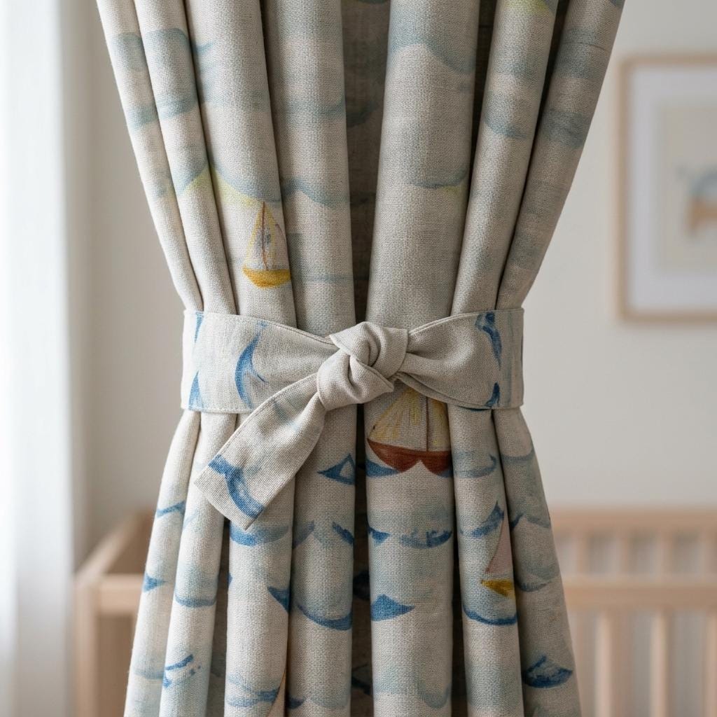 Ivory Blue Sailboat Pure Linen Curtains, Watercolor Nautical Nursery Drapes, Kids Room Blackout, Custom Size — image 5