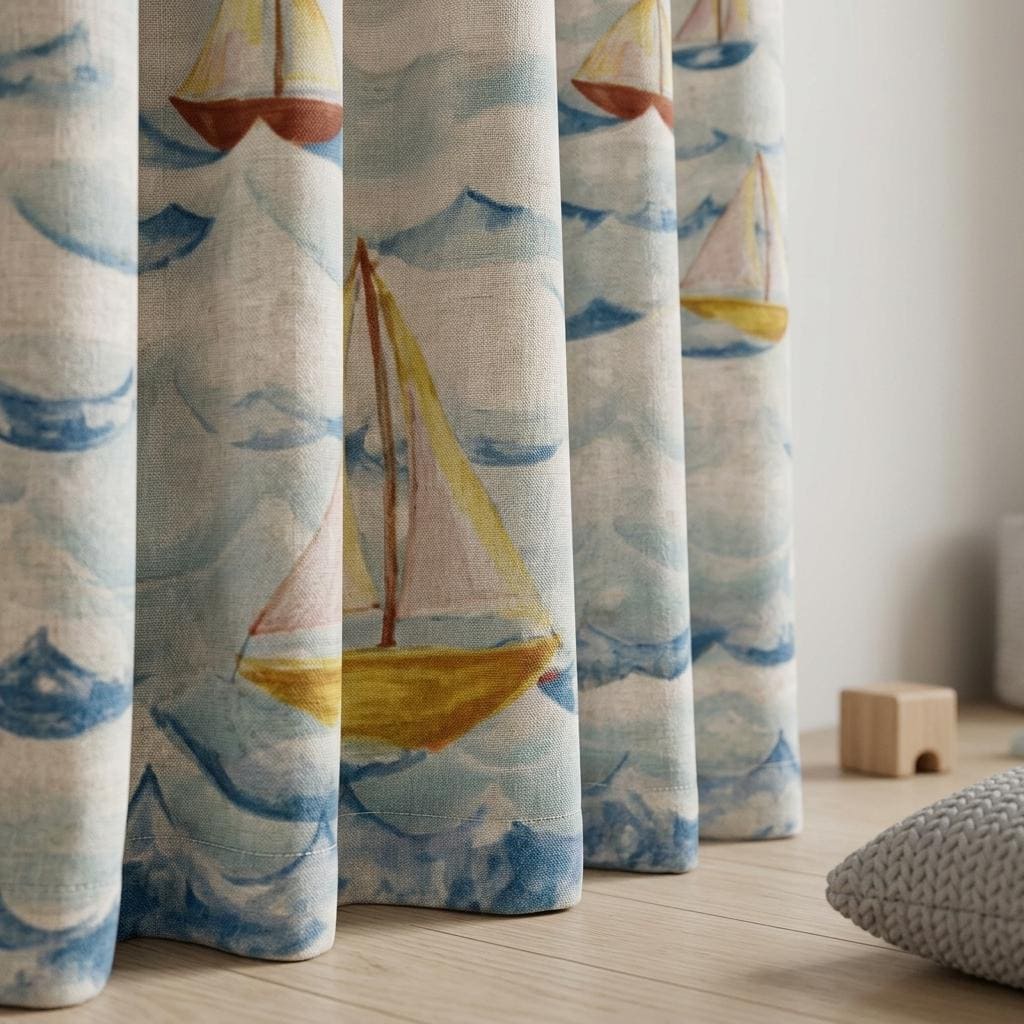 Ivory Blue Sailboat Pure Linen Curtains, Watercolor Nautical Nursery Drapes, Kids Room Blackout, Custom Size — image 4
