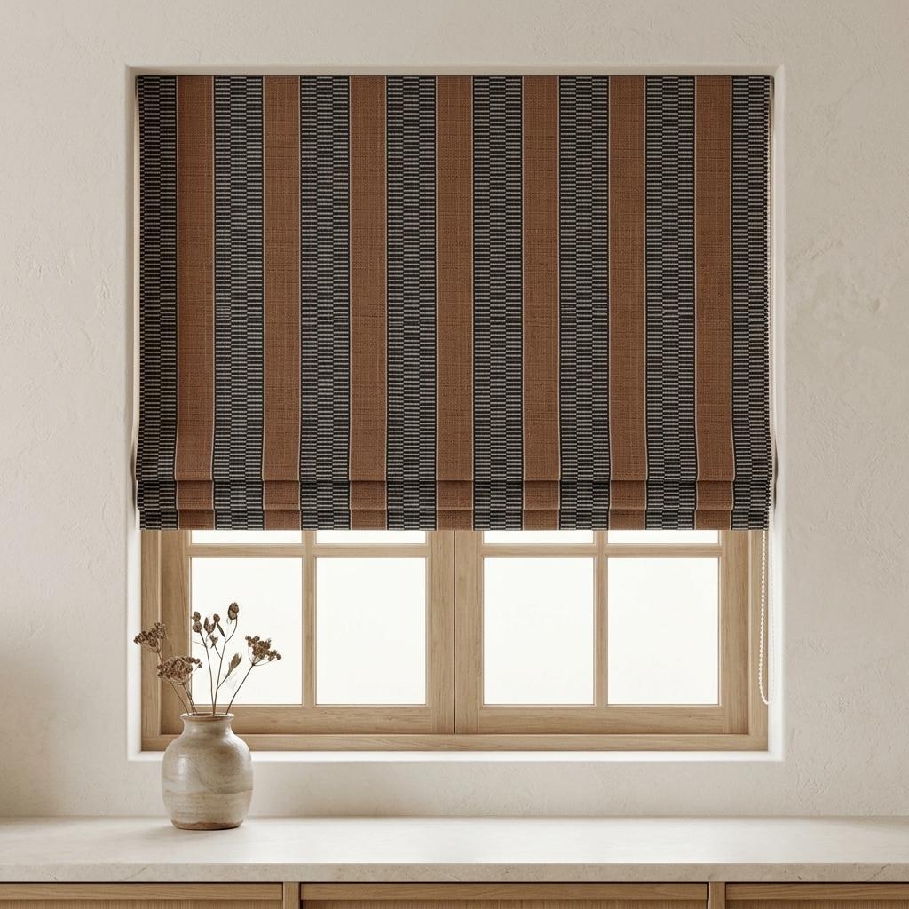 Black, Rust Brown & Ivory Striped Pure Linen Roman Shade, Custom Tribal Boho Corded Window Blind, Blackout or Light Filtering — image 1
