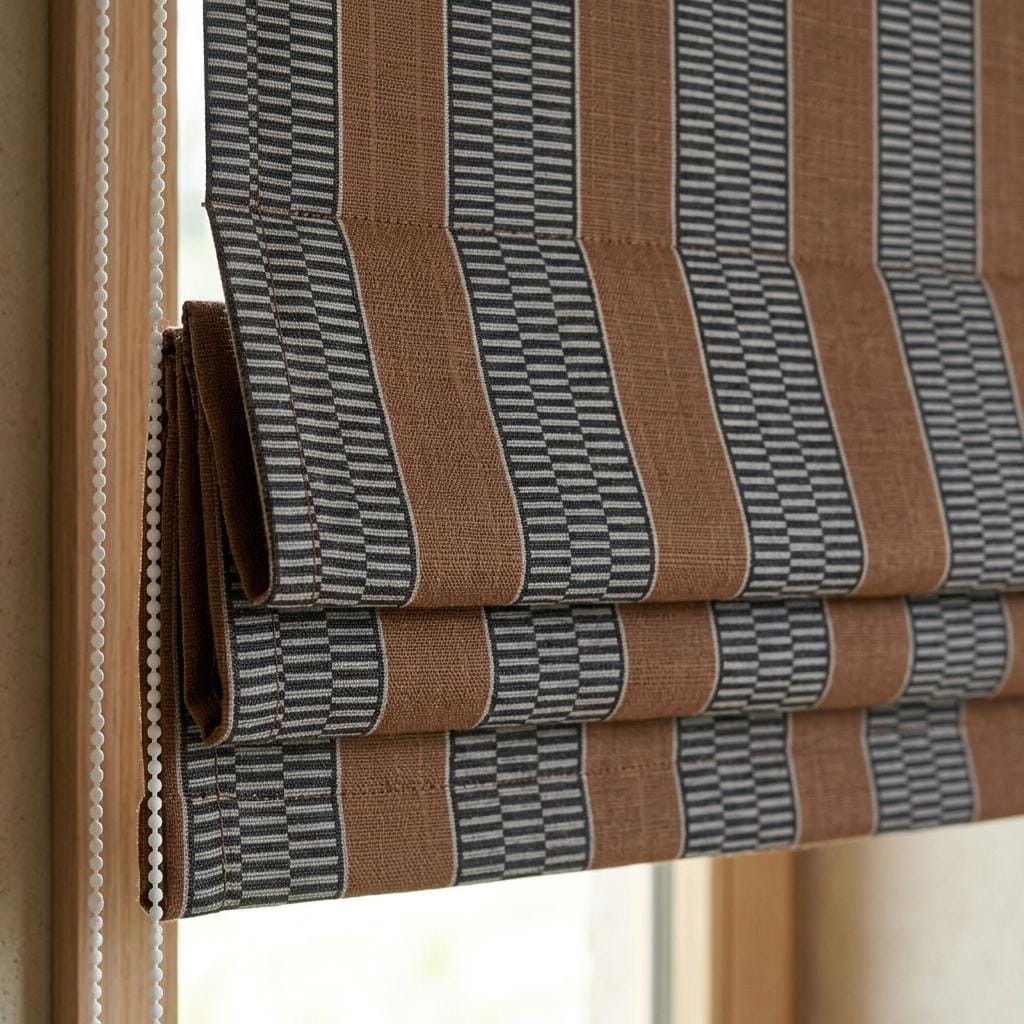 Black, Rust Brown & Ivory Striped Pure Linen Roman Shade, Custom Tribal Boho Corded Window Blind, Blackout or Light Filtering — image 1
