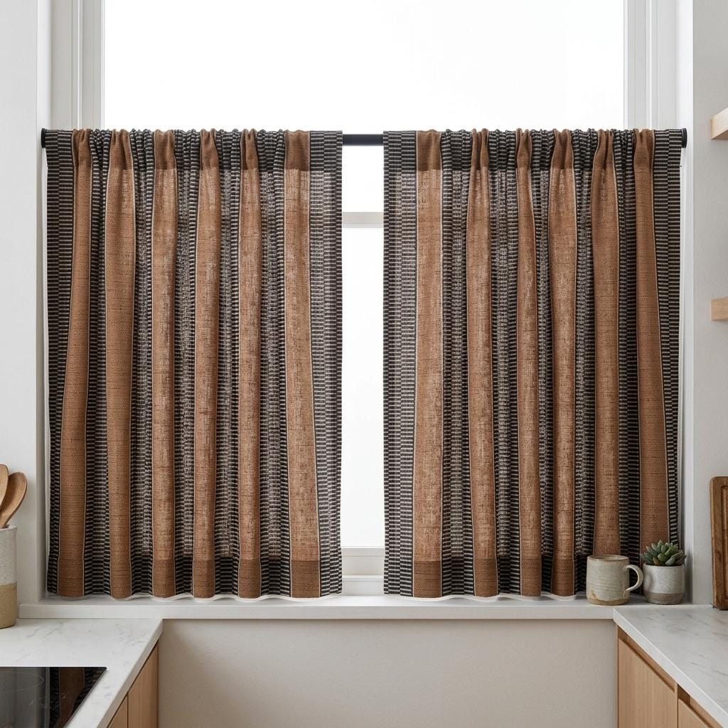 Rust Brown Charcoal Ivory Tribal Stripe Linen Curtains, Heavy Boho Geometric Drapes, Custom Blackout or Light Filtering Panels — image 6