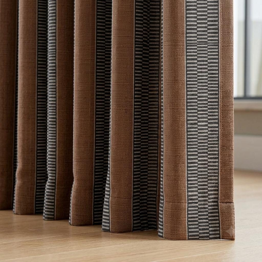 Rust Brown Charcoal Ivory Tribal Stripe Linen Curtains, Heavy Boho Geometric Drapes, Custom Blackout or Light Filtering Panels — image 2