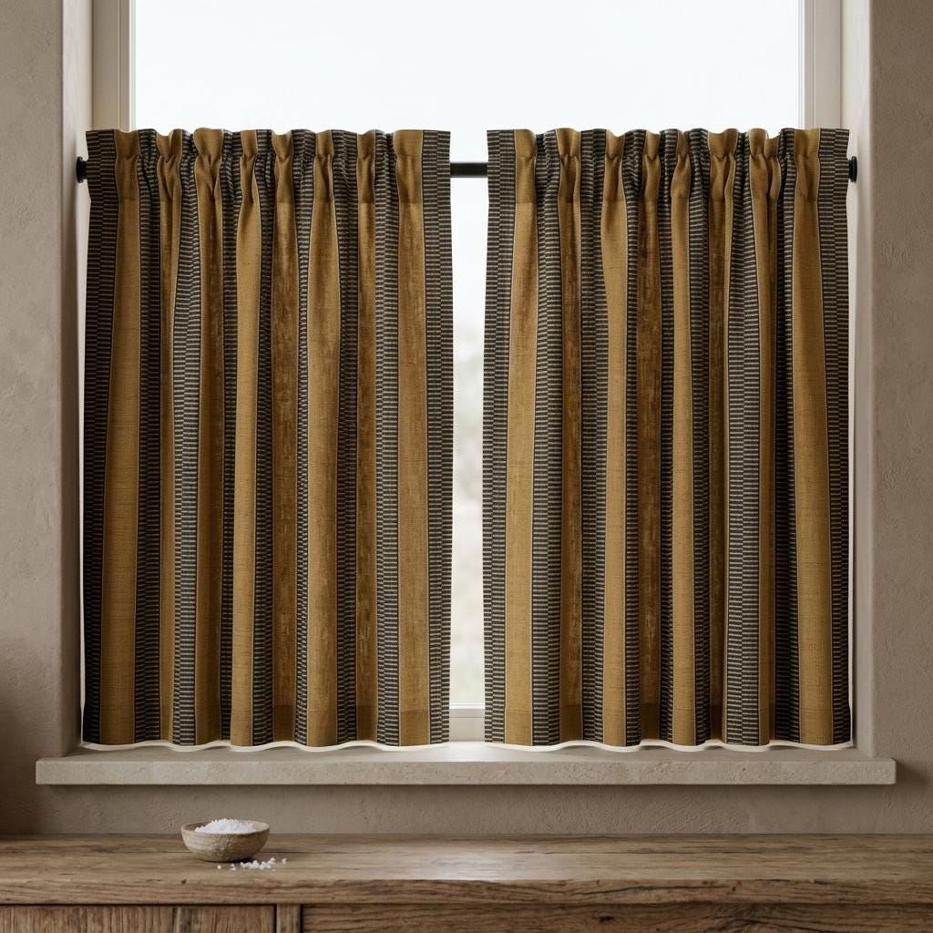 Pure Linen Curtains, Camel Tan & Charcoal Tribal Stripe, Heavy Boho Geometric Drapes, Custom Blackout or Light Filtering Panels — image 6