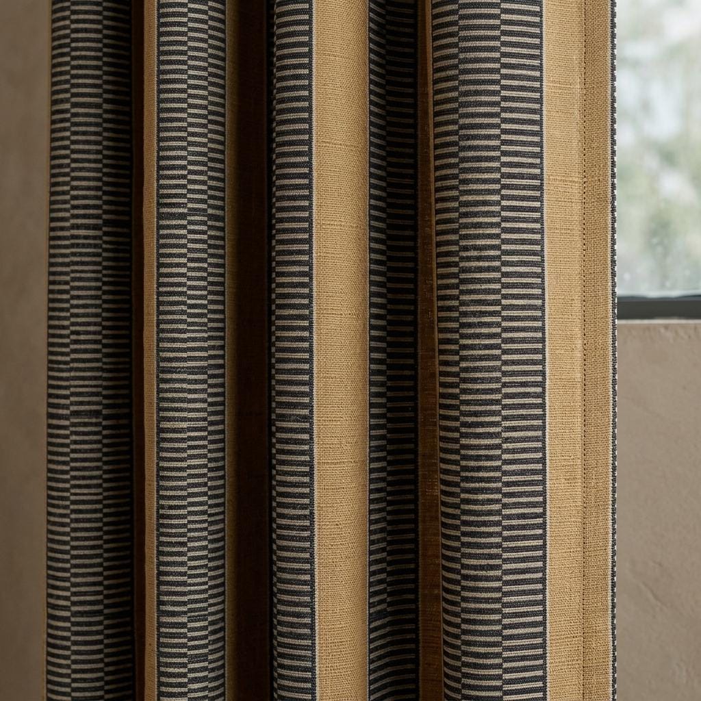 Pure Linen Curtains, Camel Tan & Charcoal Tribal Stripe, Heavy Boho Geometric Drapes, Custom Blackout or Light Filtering Panels — image 3